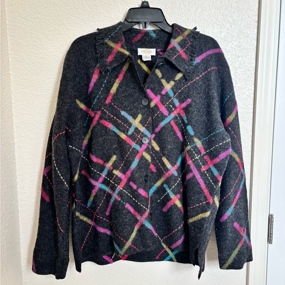 Vintage Talbots Womens Black Muti Color 100% Wool Sweater Size XL Cottagecore